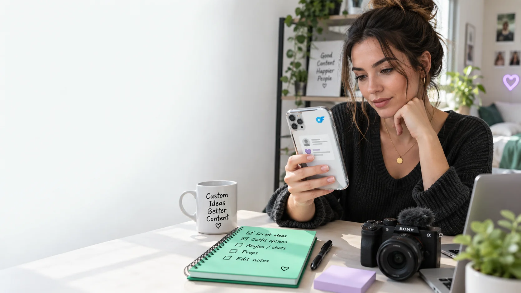 A creator reviewing a custom content request on her phone beside a camera and a notebook of ideas.